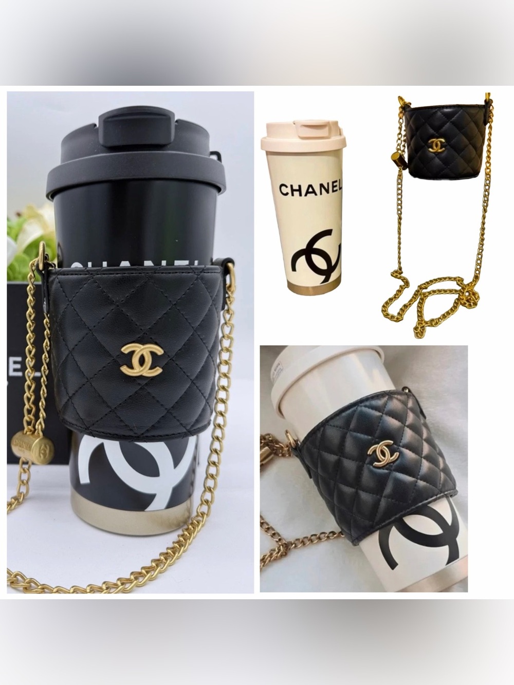 GWP-CHANEL Black Quilted Leather Coffee Cup Crossbody with Gold Chain